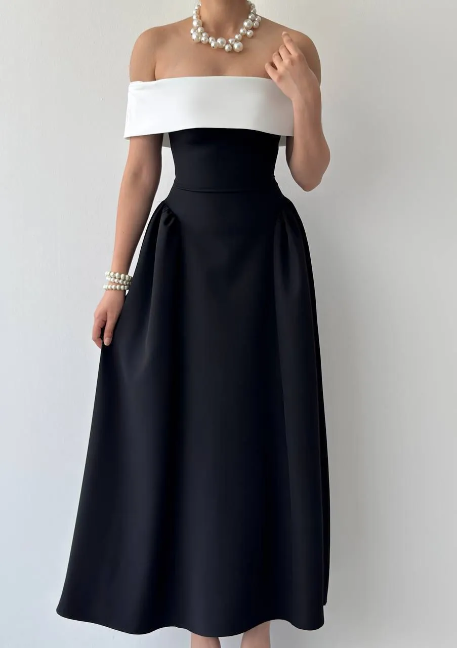 Crno-bela off-shoulder midi haljina - slika 2