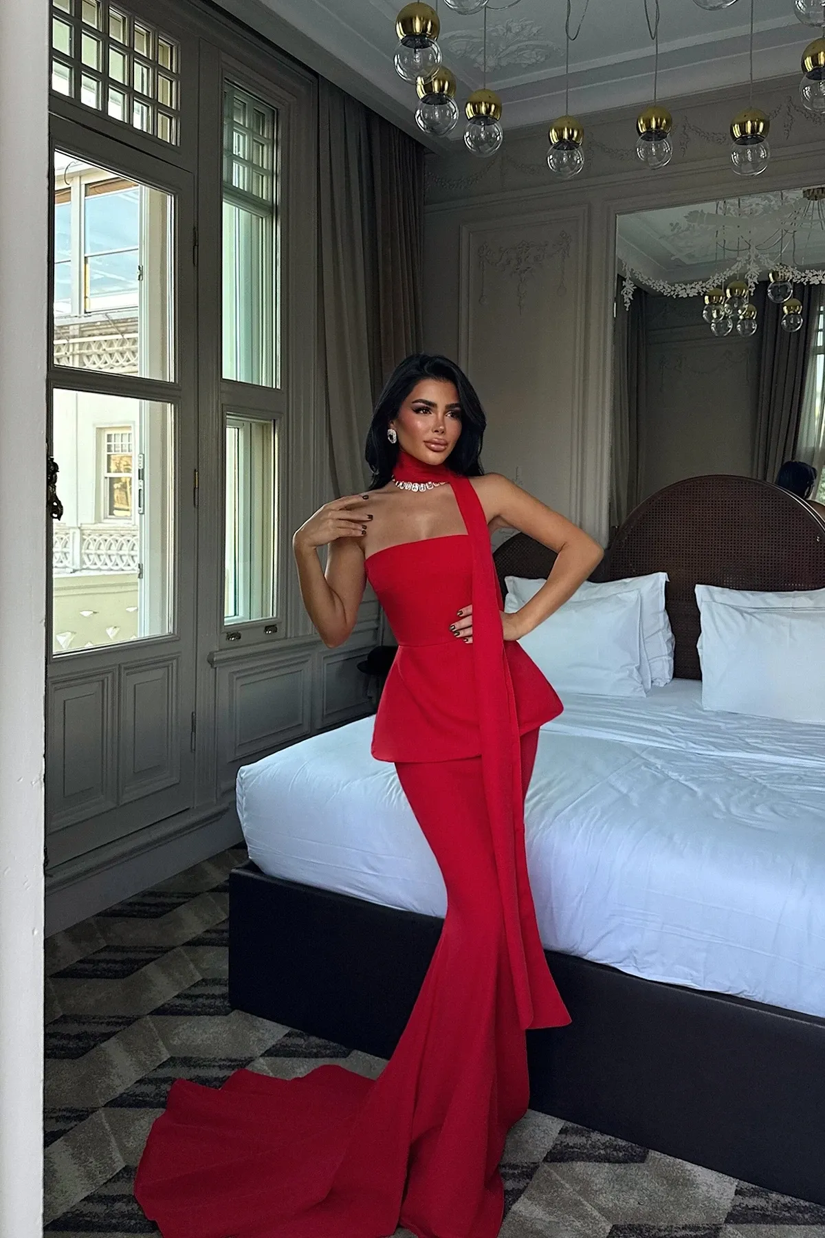 Crvena duga peplum haljina sa šalom - slika 3