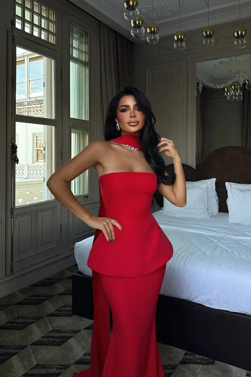 Crvena duga peplum haljina sa šalom - slika 4
