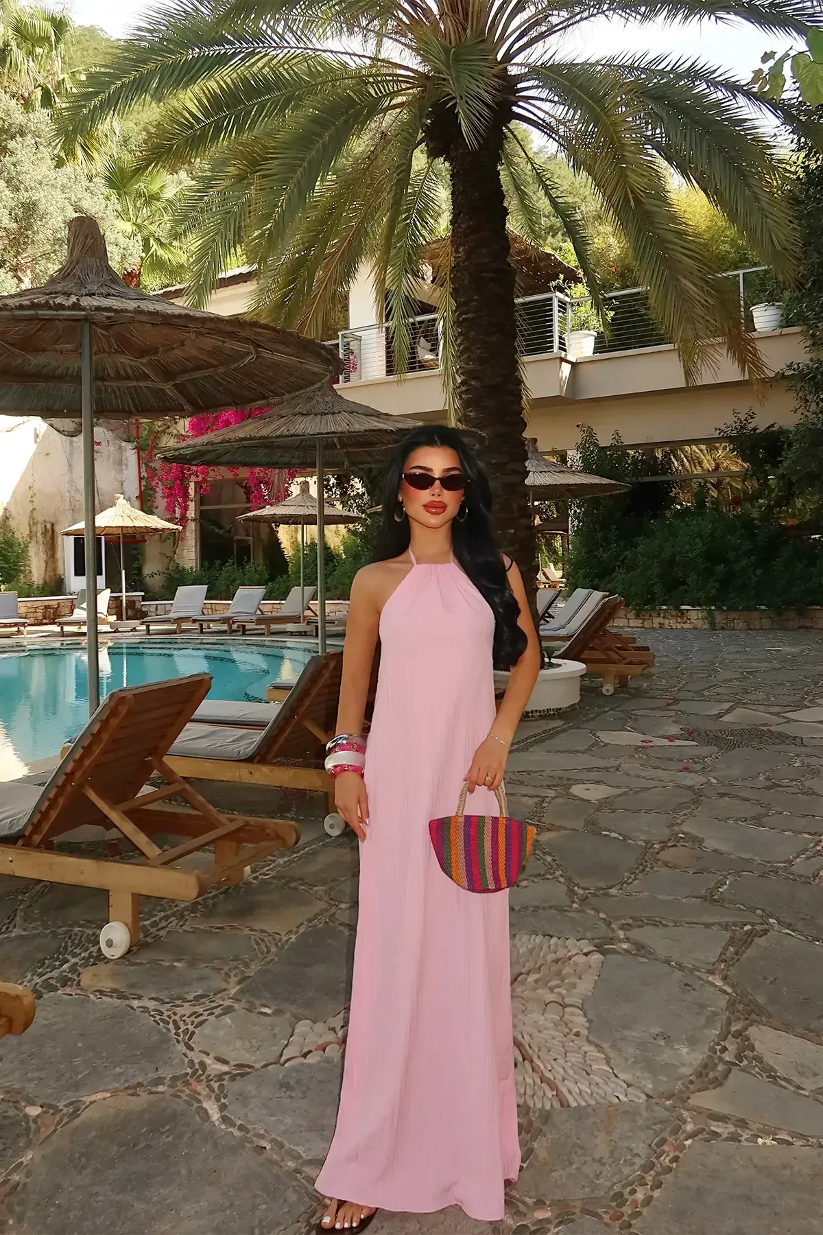 Roze duga haljina sa halter vezivanjem - haljine